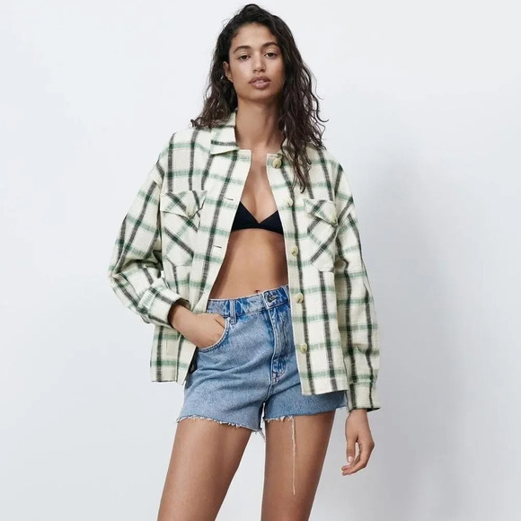 Zara Plaid Oversized Green Button Down Shirt - Picture 1 of 8